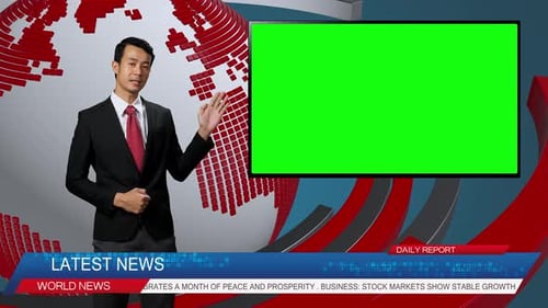Live News Studio With Asian Male Anchor Reporting On A Story, Uses Green Chroma Key Screen