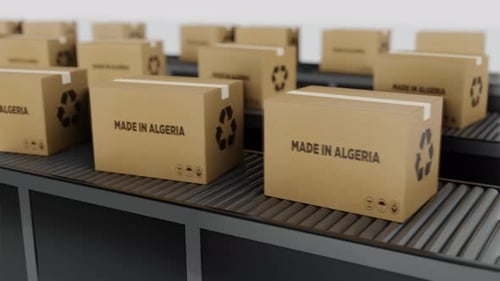Boxen mit MADE IN Algeria Text auf Förderband