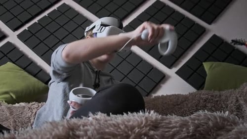 Person Using Virtual Reality Headset and Controllers