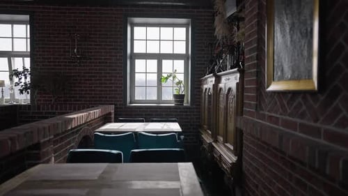 Live Camera Moves Along Tables in Oldfashioned Restaurant Indoors in Slow Motion