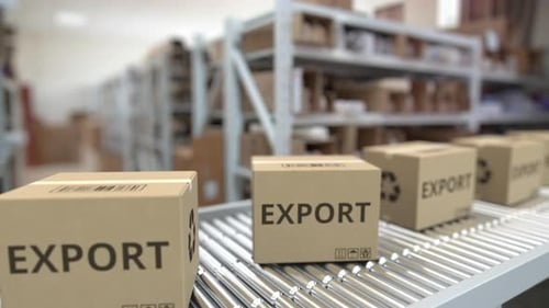 Les cartons avec texte d'exportation imprimé se déplacent sur le convoyeur