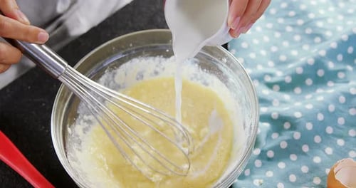 Pouring Milk into a Batter Mixture
