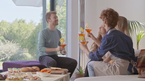Friends Toasting Drinks at an Indoor Social Gathering