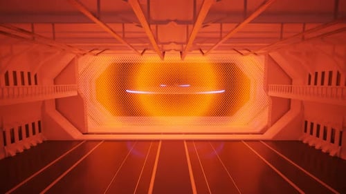Platillo volador de metal blanco que vuela al hangar espacial. OVNI llega de un viaje 4K