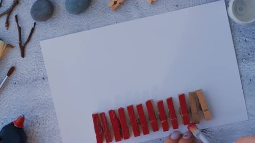 Making Diy Merry Christmas Deer on Greeting Card Postcard Made of Pebbles Sea Stones Clothespins and