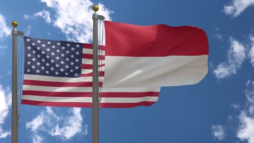 Waving United States and Indonesia Flags on Flagpoles with Blue Sky