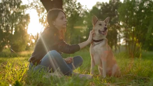 Woman Pets her Dog in a Grassy Park