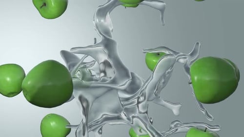 Green Apples with Dynamic Water Splash 3D Animation