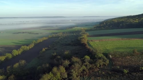 Aerial view of rural landscape and with fog in autumn