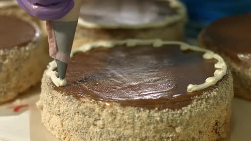 Decorating Chocolate Cake with Frosting in Kitchen