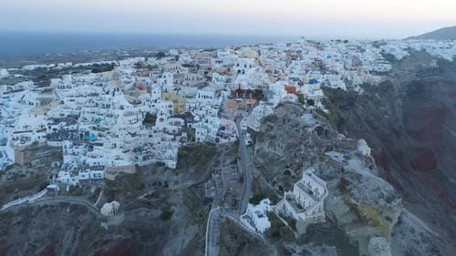 Aerial View Flying Over City of Oia on Santorini Greece
