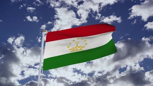Tajikistan Flag Waving in Blue Sky with Clouds