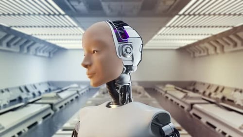 Futuristic Robot Cyborg Head Turns to Camera