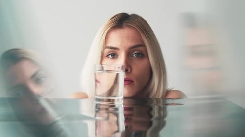 Woman, Water Glass and Reflections on Black Surface