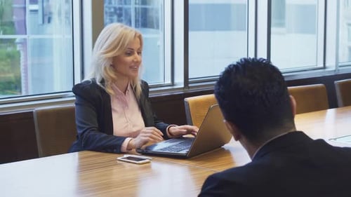 Business Meeting: Woman Typing at Conference Table