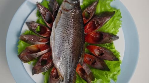Délicatesse : délicieux poisson frais juteux avec caviar sur des feuilles de laitue tournant sur un fond