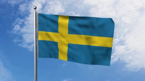 Sweden National Flag Waving in Wind Against Blue Sky