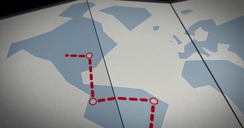 O
mapa é aberto e seguimos uma rota de viagem de ponto vermelho no mapa terrestre. Animação digital gerada no bl