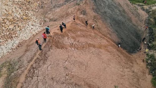 Aerial view on a goup of hickers in mounatains