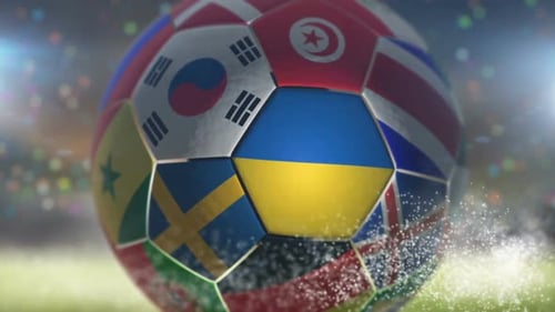 Ukraine Flag on a Soccer Ball - Football in Stadium
