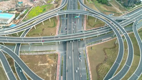 Top View To the Cars Driving on Multi-level Highway on the Sunset, Highway Multilevel Junction Road