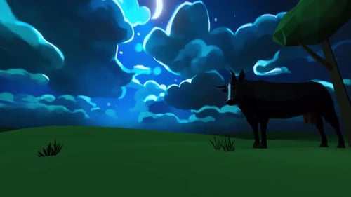 Animated Low Poly Cow Grazing Under Moonlit Sky