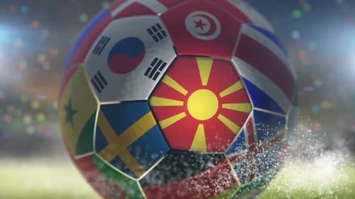 Drapeau de la Macédoine du Nord sur un ballon de football - Football dans un stade