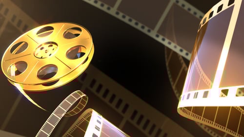 Animated Golden Film Reel and Flowing Strips
