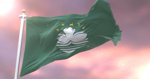 Flagge von Macau bei Sonnenuntergang