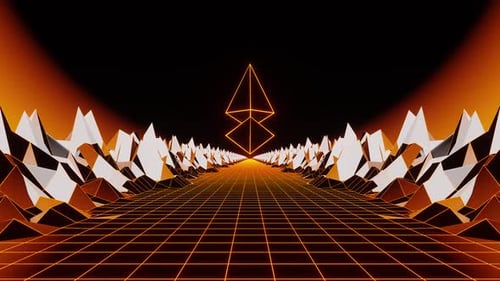 Goldene Ethereum-Kryptomünze rotiert auf dem Hintergrund der Blockchain Road Vj Loop HD