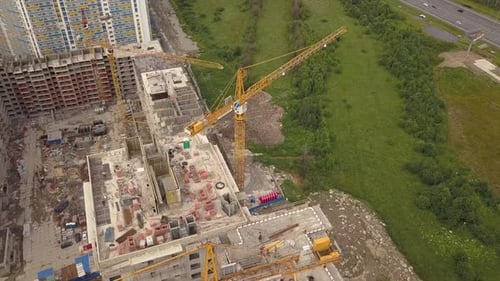 Aerial Shot of Crane, Construction New Modern Building Work Builders and Technicals