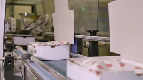 Folding white food boxes on a conveyor in a factory