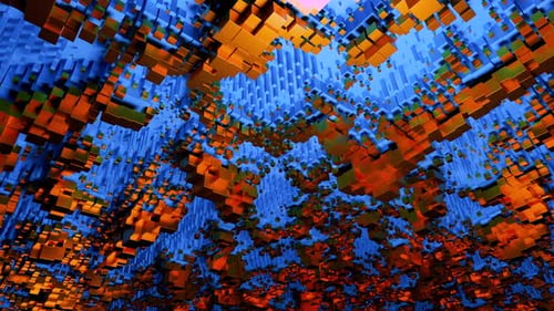 Fondo con cubos azules y rojos en movimiento y rectángulos sin fisuras