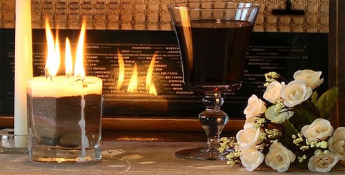 Romantic Still Life with Candles, Wine, Roses