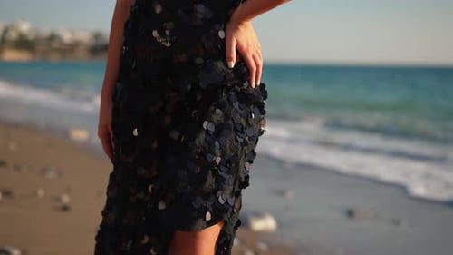 Camera Goes Up Slim Confident Caucasian Female Dancer Posing in Sunshine on Mediterranean Sea Beach