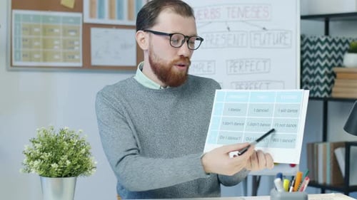 Joyful Young Man Teaching English Online Speaking and Showing Chart Enjoying Distant Education