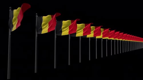 Endless Line of Waving Belgian Flags on Black Background