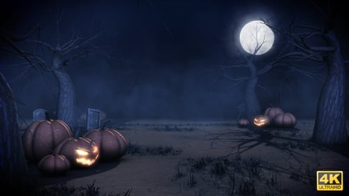Halloween Night Graveyard with Jack-O'-Lanterns and Full Moon