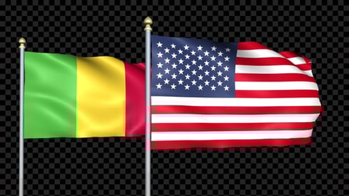 Mali and USA Flags Waving on Flagpoles with Alpha Channel