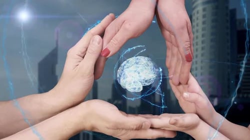 Futuristic Digital Brain Protected by Hands Animation