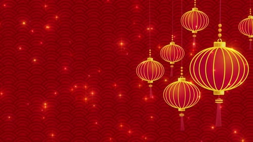 Golden Chinese Lanterns on Red Festive Background