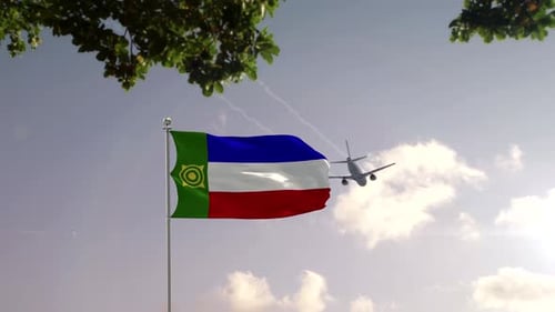 Khakassia Flag With Airplane And City -3D rendering