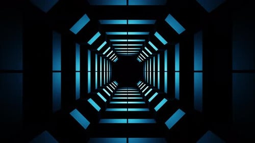 3d Render Blue Led Neon Changing Shape Squares Tunnel Seamless Animation Background