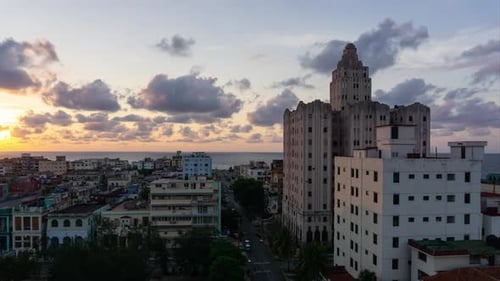 Aerial Beautiful Time lapse view of the residential neighborhood in the Old Havana City, Capital of