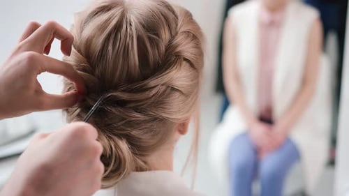 Rear View Hair Blonde Female Customer During Creating Volume Braid