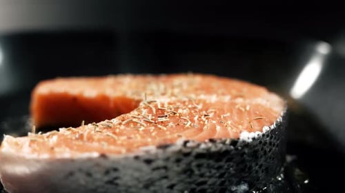A Salmon Fillets on a Grill Plate is Sprinkling Spices