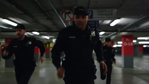 Police Officers Running Urgently in Parking Garage