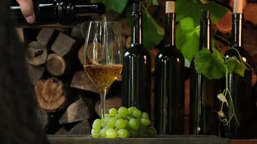 Sommelier pouring white dessert wine in glass. Filling wine glass outdoor slow motion