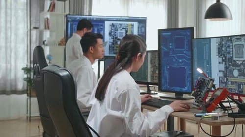 Engineers Working on Computer Hardware in Bright Lab