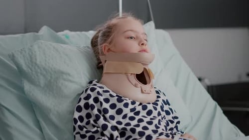 Portrait of Hospitalized Little Child Wearing Neck Cervical Collar After Suffering Trauma Accident